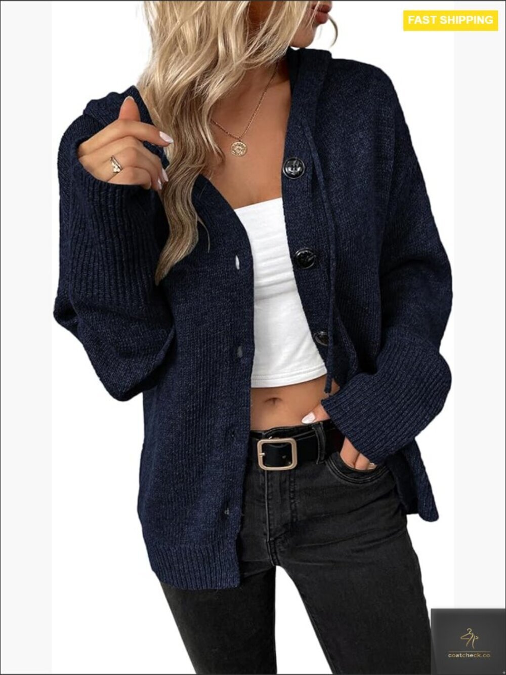 V Neck Button Down Hooded Cardigan Sweater Long Sleeve Casual Knit